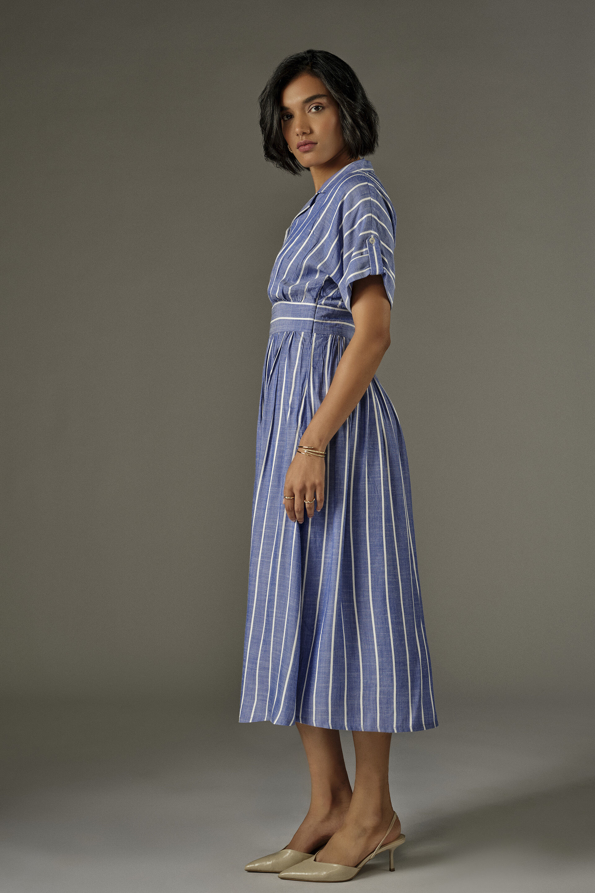 Fit & Flare Striped Midi Dress in Blue, Blue, image 4